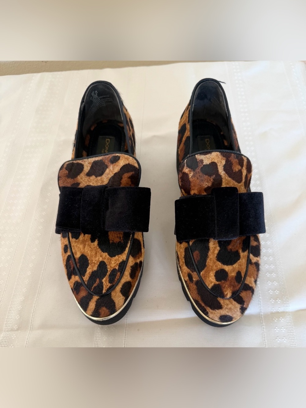 Donna Karan Leopard Print Loafers with Black Velvet Bow